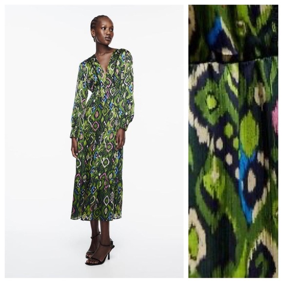 NWT. Zara Multicolored Printed Lace Inserts V-neck Midi Dress. Size S. - Picture 1 of 11